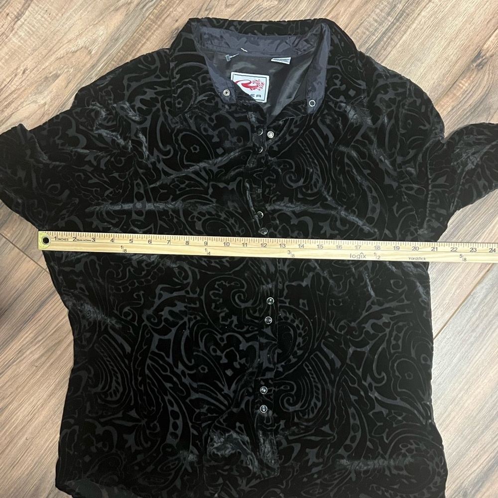 Roper Black Silk Blend Velvet Flocked Mesh Paisley Western Pearl Snap Shirt L - Picture 8 of 9